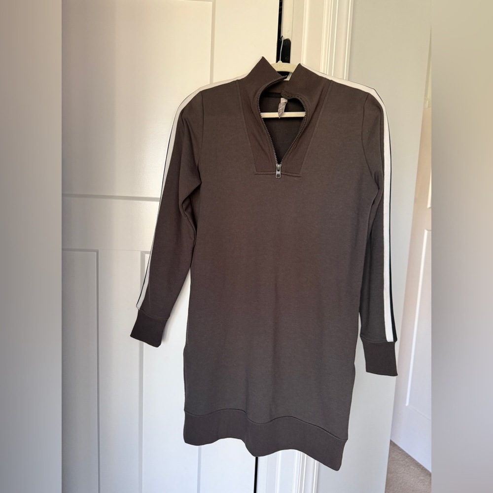 Athleta Brown Circa Track Quarter-Zip Top White Accents Sweatshirt Dress 2.0 - Picture 3 of 7